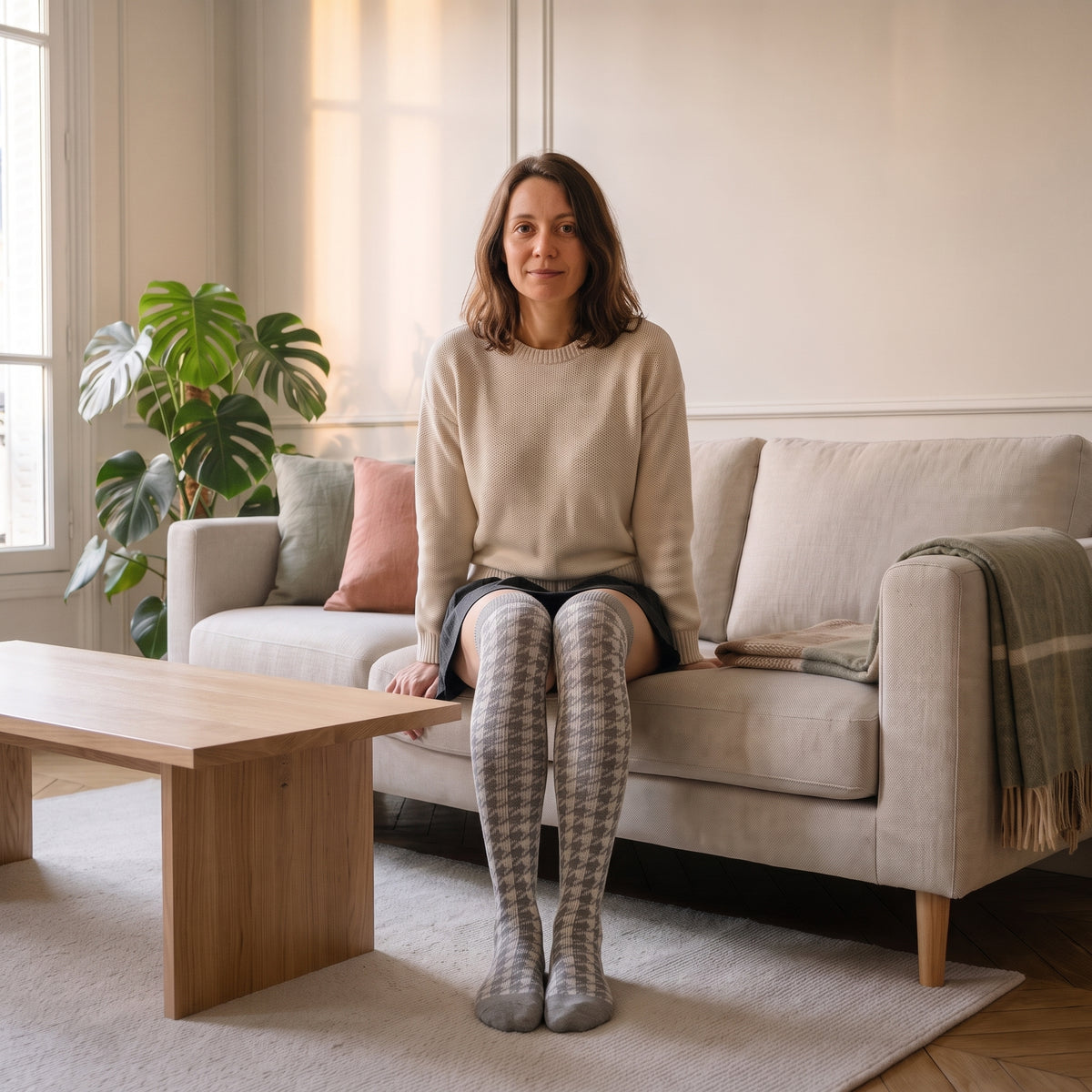 Chaussettes montantes grises a motif pied-de-poule portees dans un salon clair
