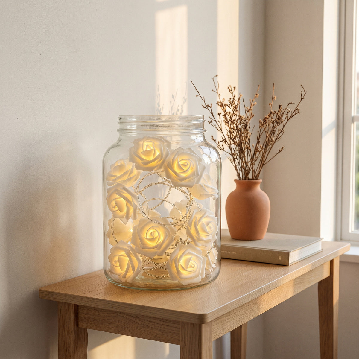 Coloris Jaune : roses blanches et lumière jaune chaud