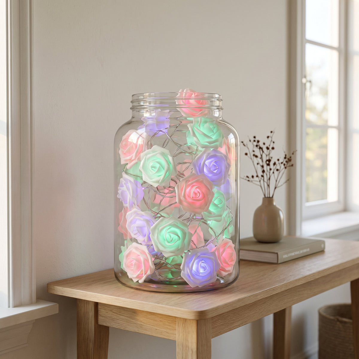 Coloris Multicolore : roses blanches dont la diode prend des teintes différentes