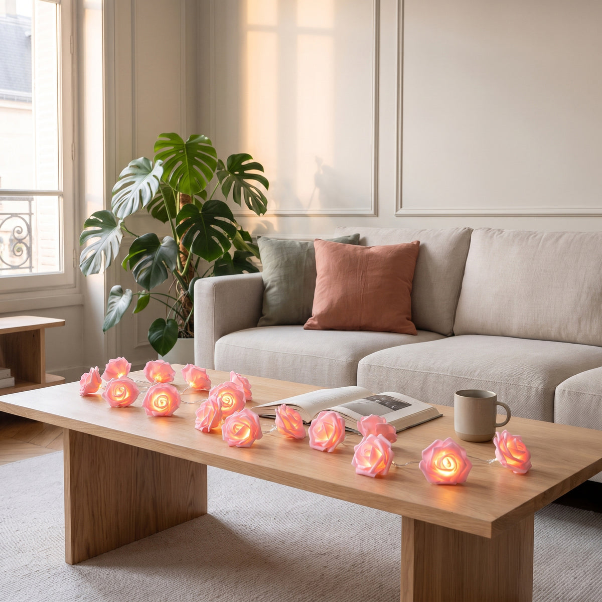 Guirlande de roses lumineuses déroulée sur toute la longueur d'une table basse