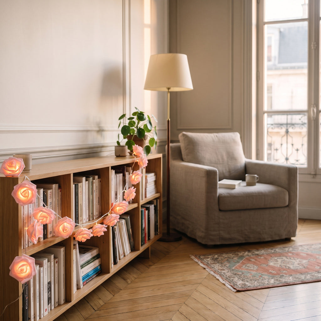 Guirlande de roses lumineuses allumée le long d'une étagère de livres, dans un coin lecture