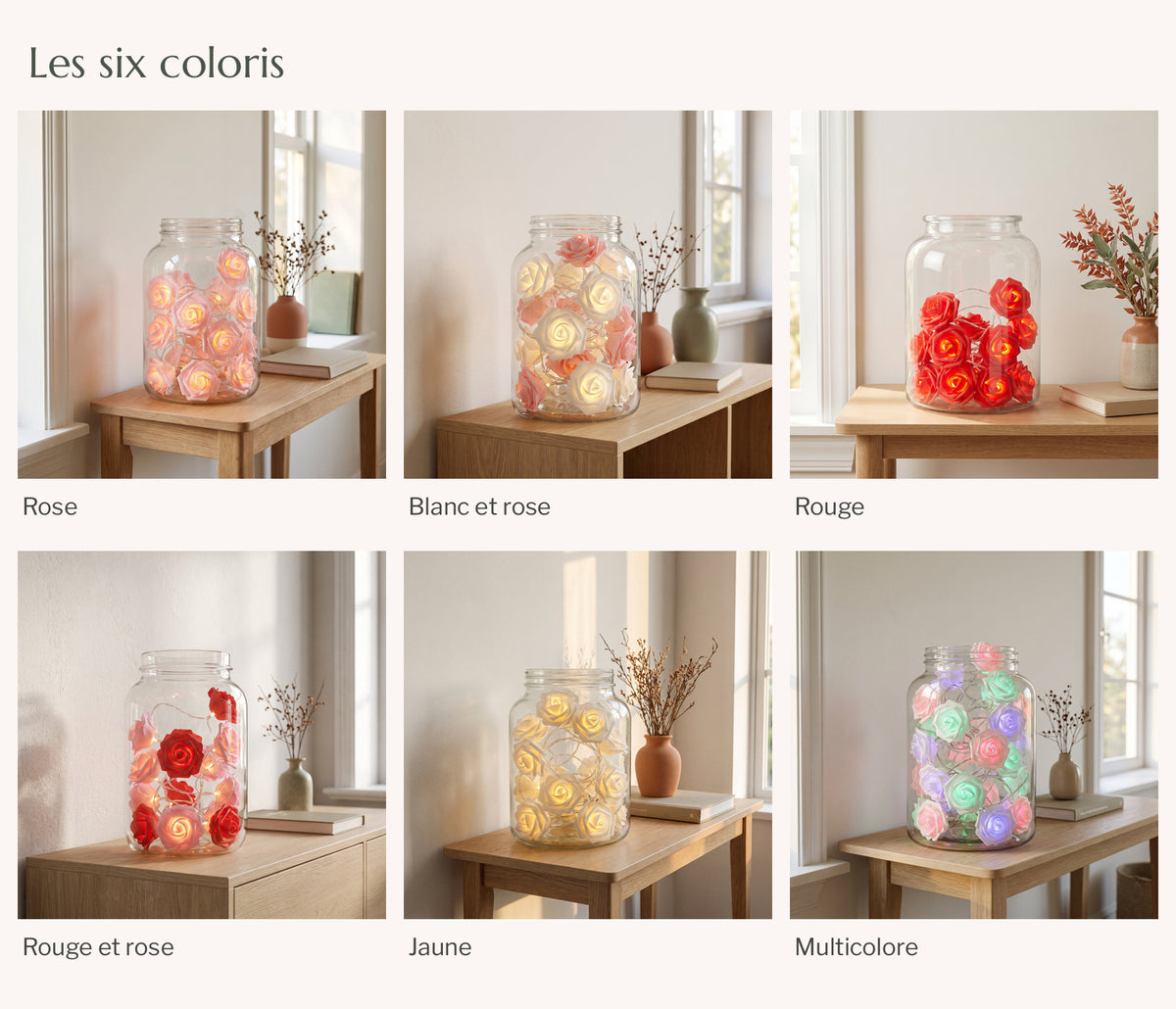 Les six coloris de la guirlande côte à côte, allumés dans le même décor Image