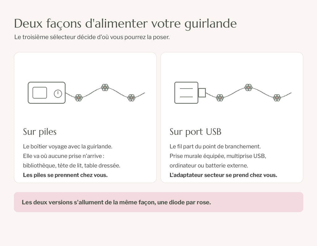 Schéma des deux alimentations : sur piles avec son boîtier, ou sur port USB