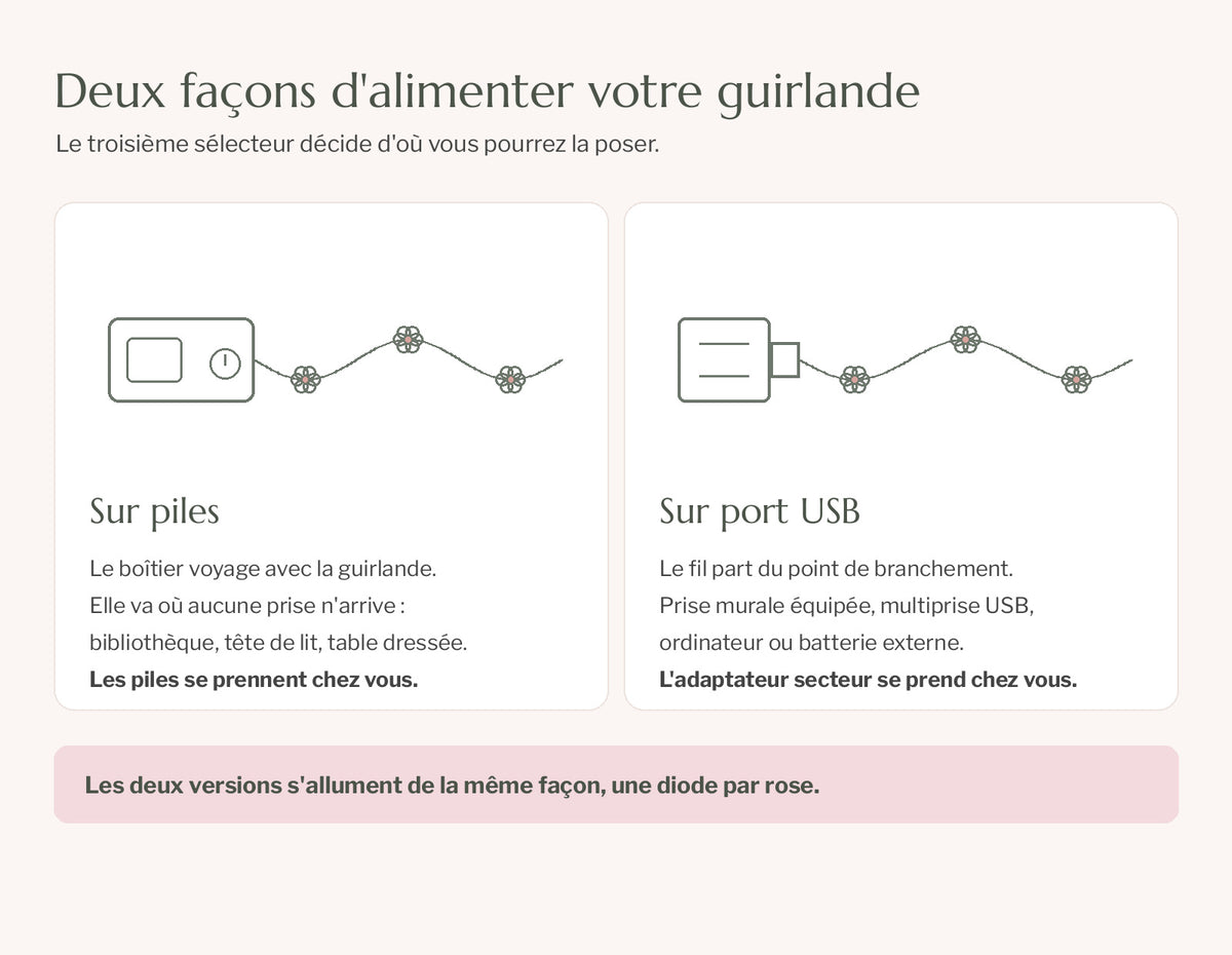 Schéma des deux alimentations : sur piles avec son boîtier, ou sur port USB