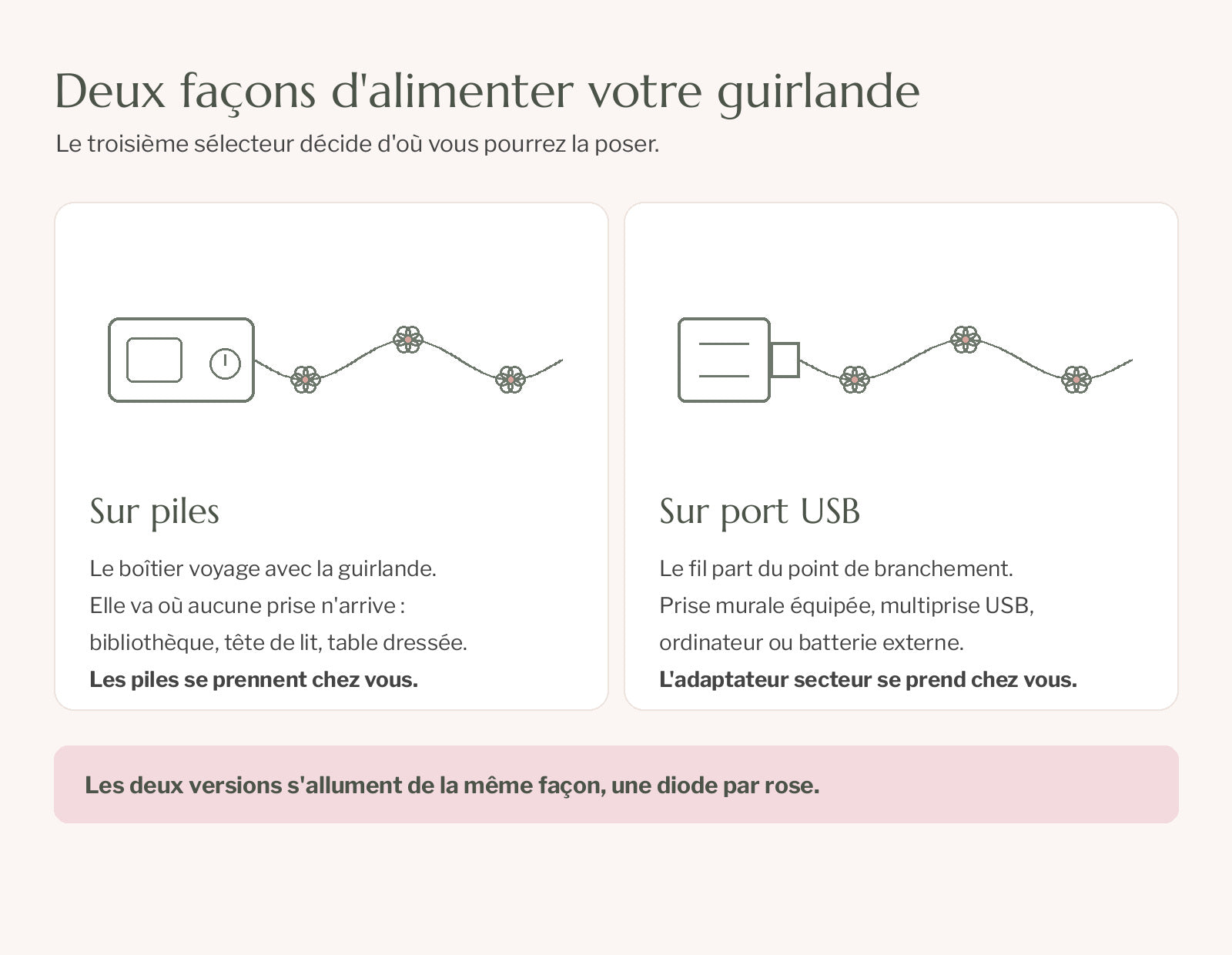 Schéma des deux alimentations : sur piles avec son boîtier, ou sur port USB Image
