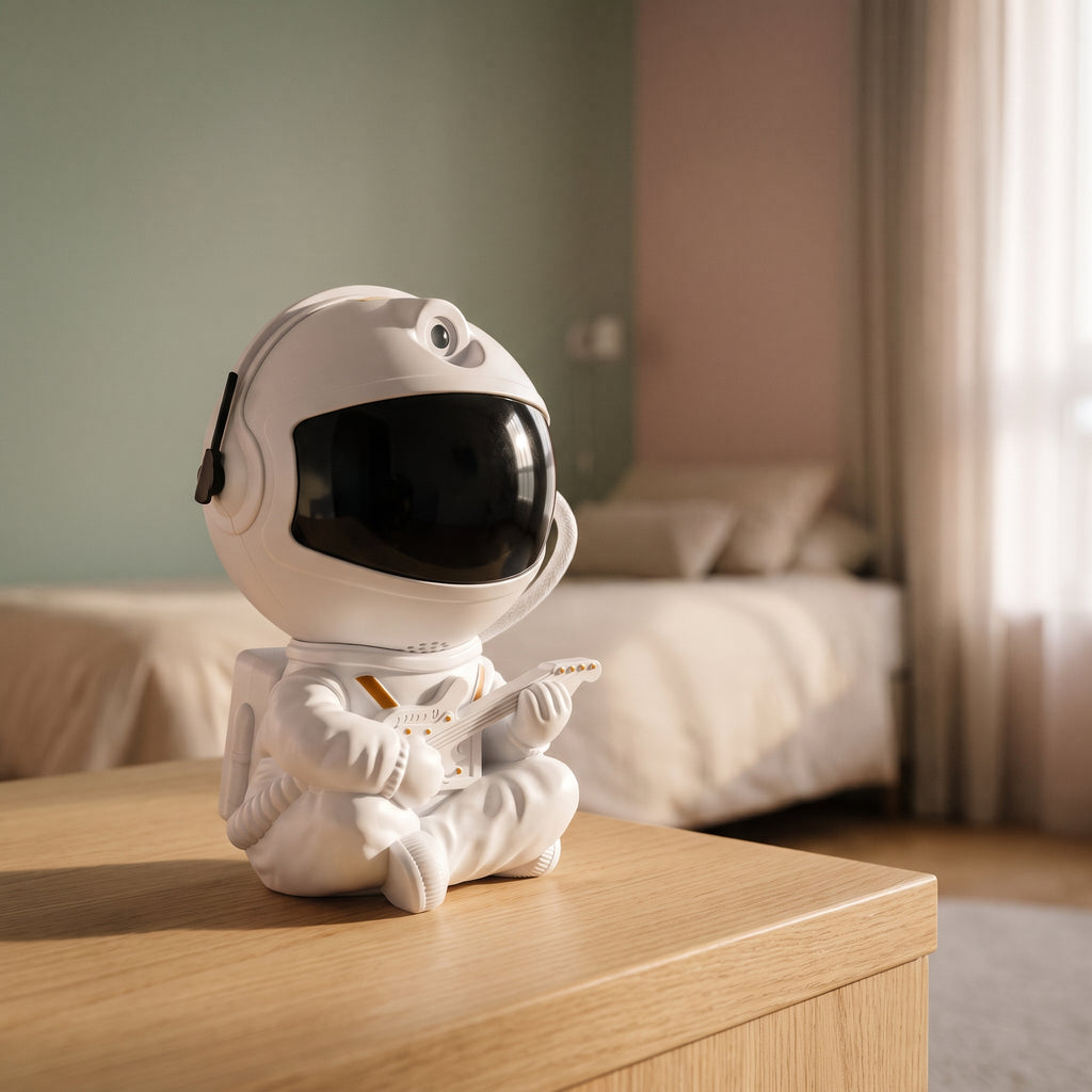 Veilleuse projecteur astronaute blanc tenant une guitare, posée sur une table de chevet