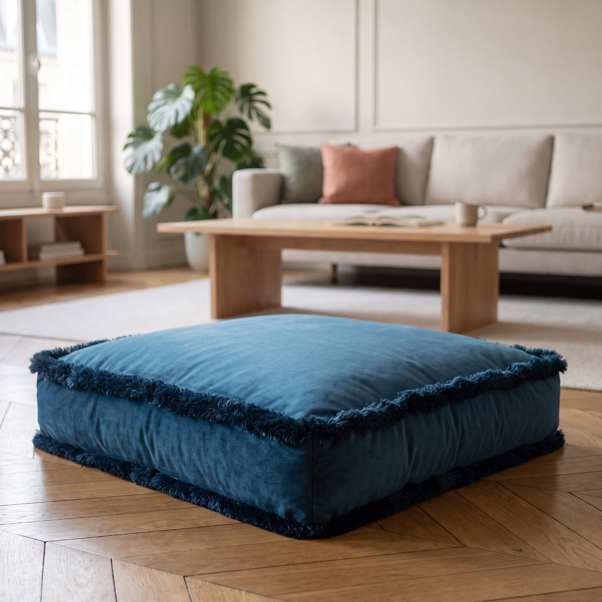 Coussin de sol en velours bleu pétrole à franges, posé sur un parquet