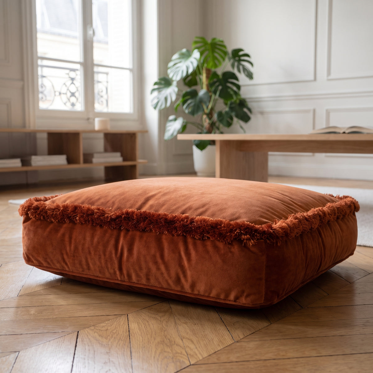 Coussin de sol en velours terracotta à franges, posé sur un parquet