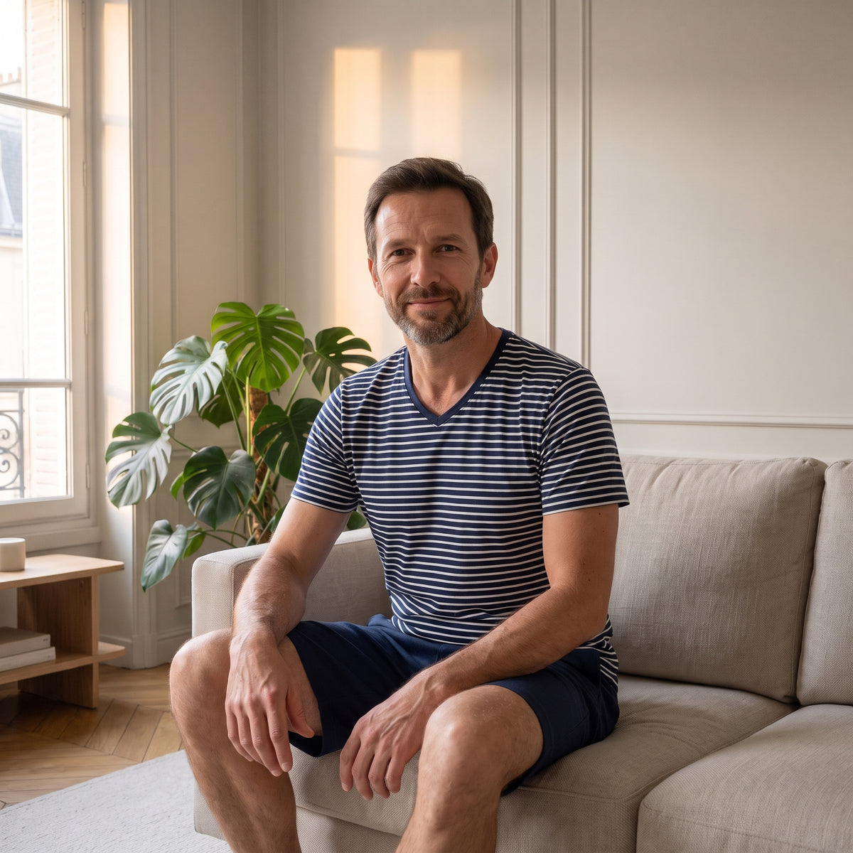 Ensemble homme rayé bleu marine porté assis dans le salon