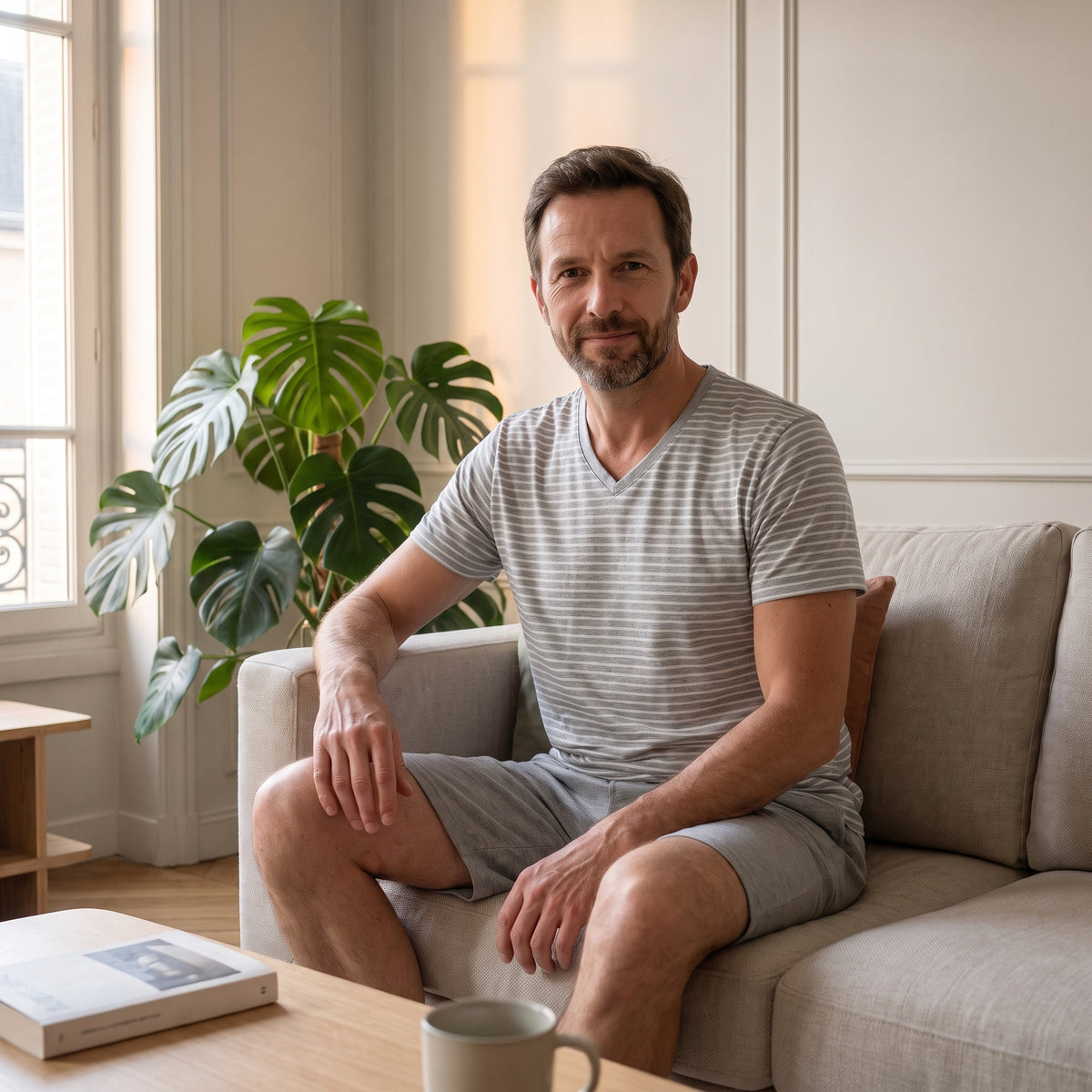 Ensemble homme rayé gris porté assis dans le salon