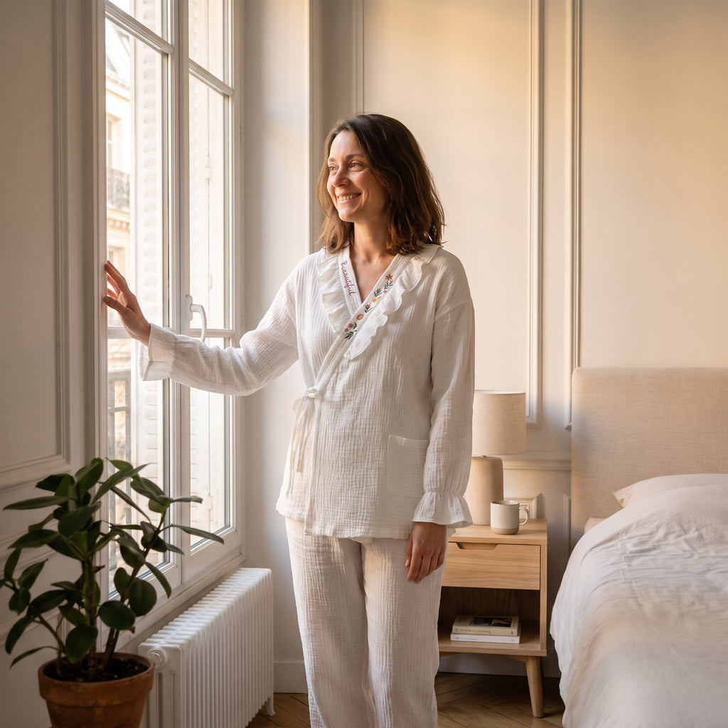 Pyjama femme cache-cœur en coton brodé blanc écru porté devant la fenêtre