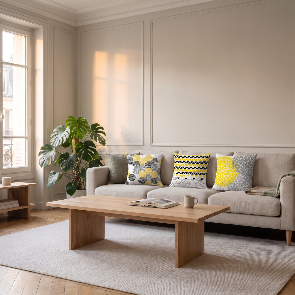 Trois housses de coussin jaune motifs-abstraits posées sur un canapé