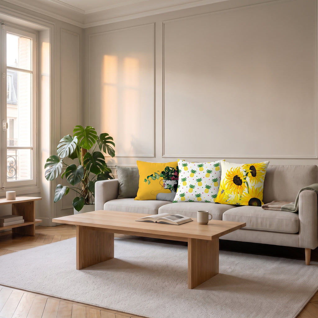 Trois housses de coussin jaune motifs-vegetaux posées sur un canapé