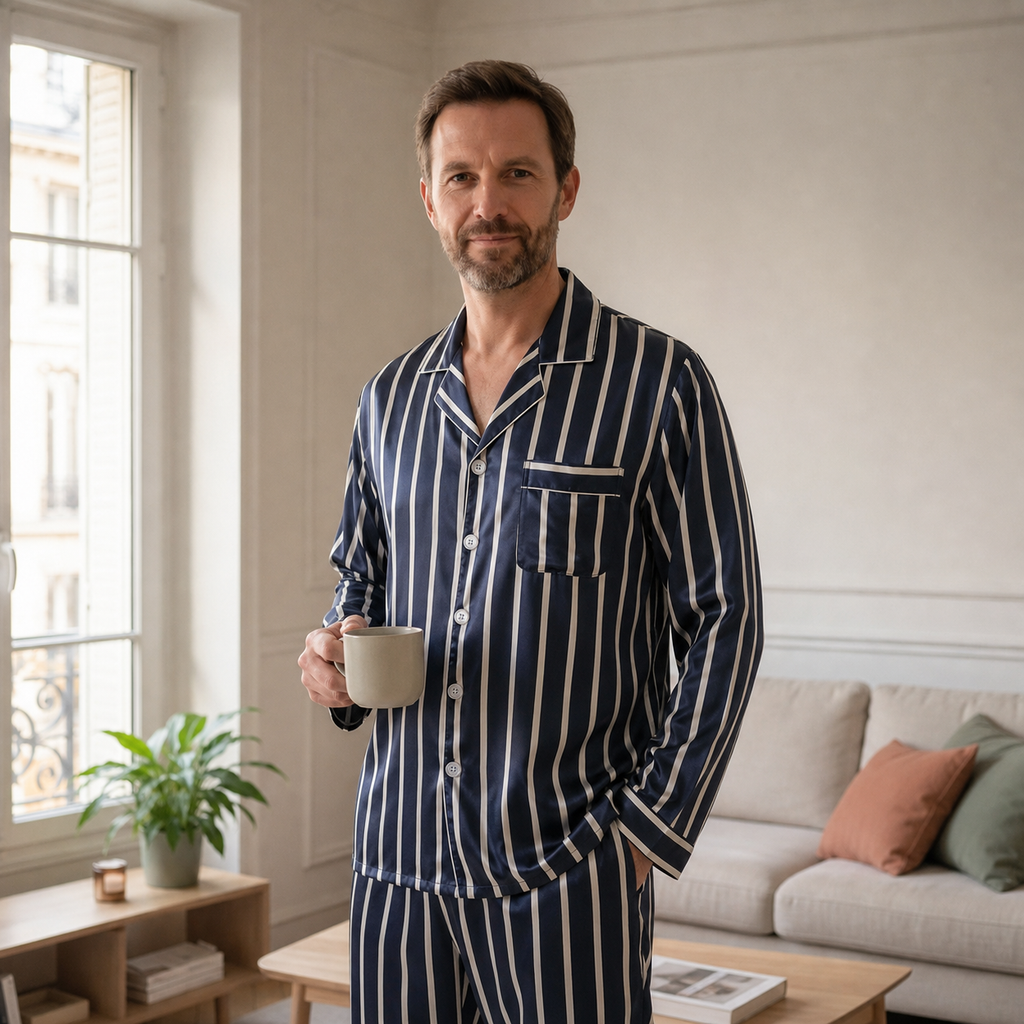 Homme portant un pyjama en satin rayé bleu près d'une fenêtre