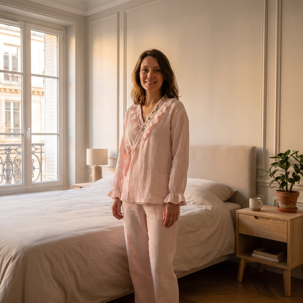 Pyjama femme cache-cœur en coton brodé rose poudré porté dans une chambre