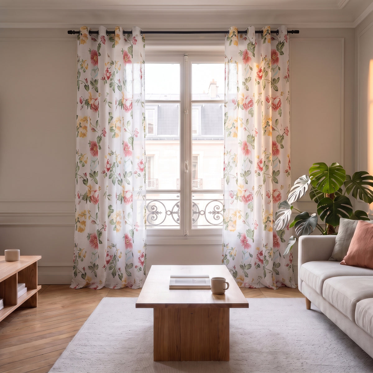 Voilage court fleuri rouge complet devant une fenêtre, décor cocooning