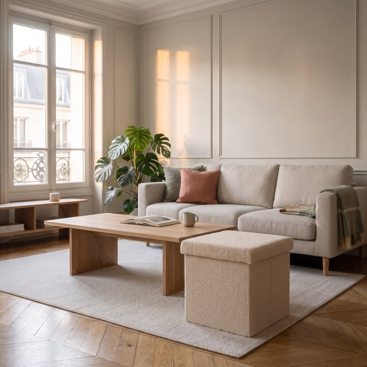 Pouf coffre beige effet bouclé fermé dans un salon lumineux
