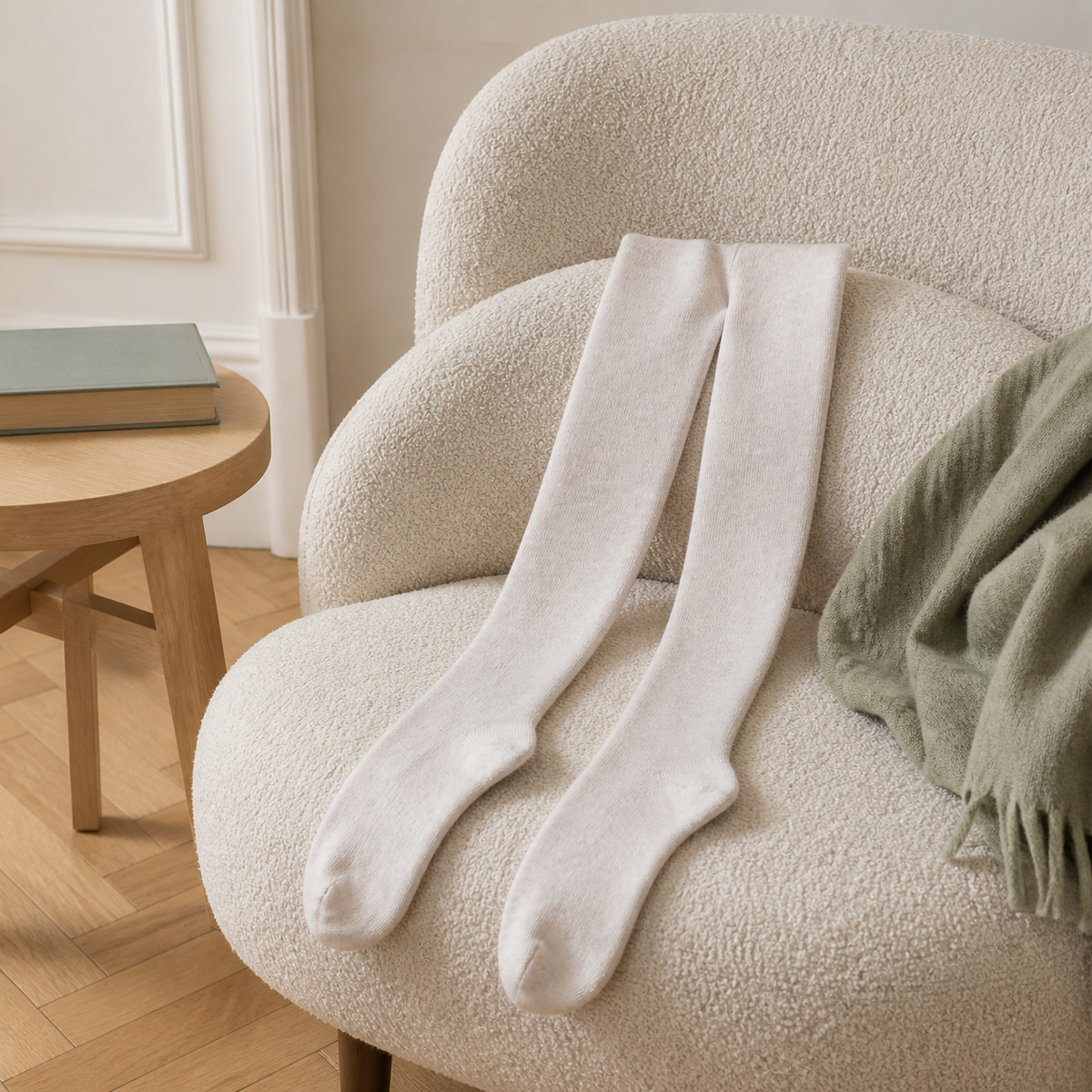 Chaussettes hautes beige présentées à pleine longueur dans un fauteuil