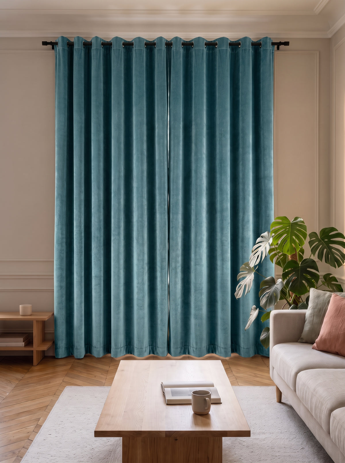 Rideau occultant velours bleu petrole ferme dans un salon