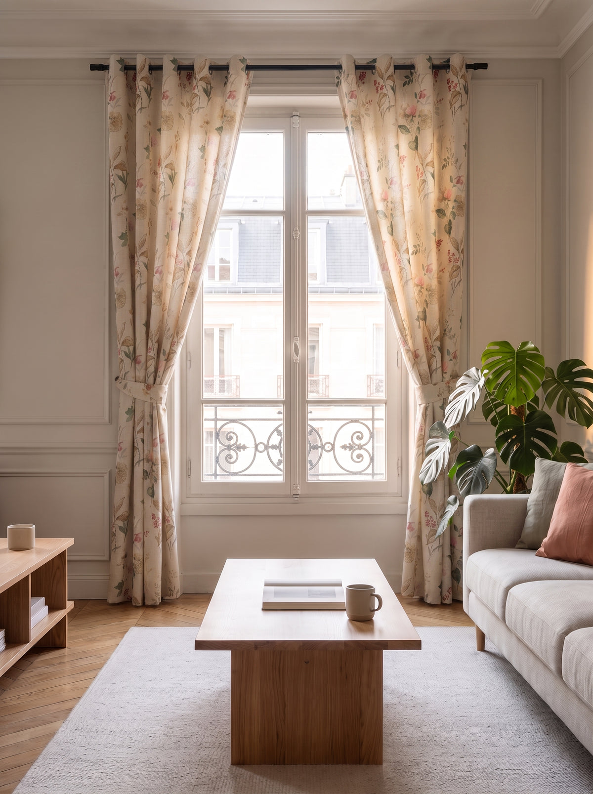 Rideau floral champetre ouvert, retenu par une embrasse, fenetre entiere visible