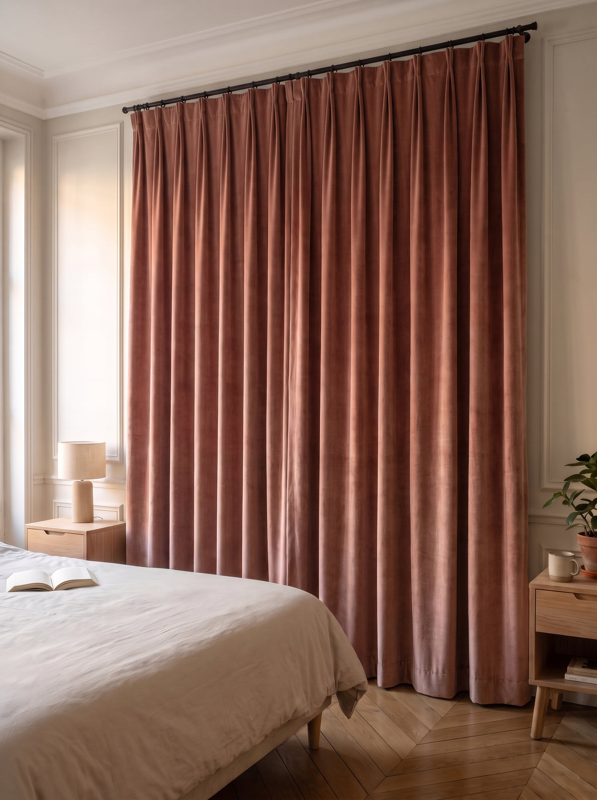 Rideau occultant velours rose terracotta ferme dans une chambre