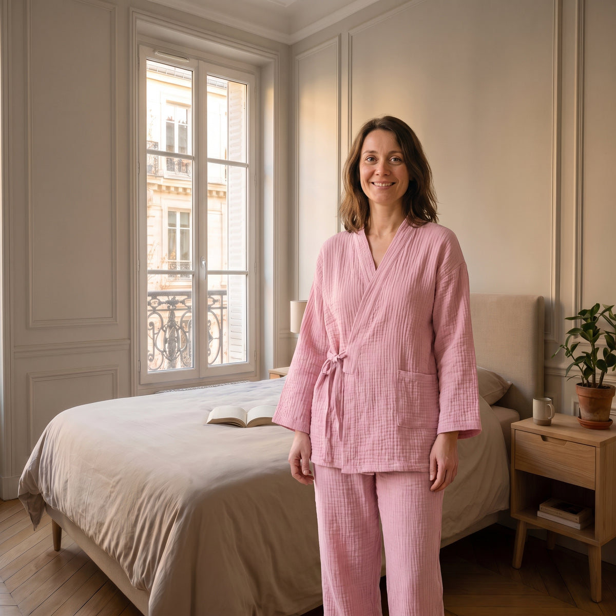 Pyjama kimono gaze de coton porté femme - rose