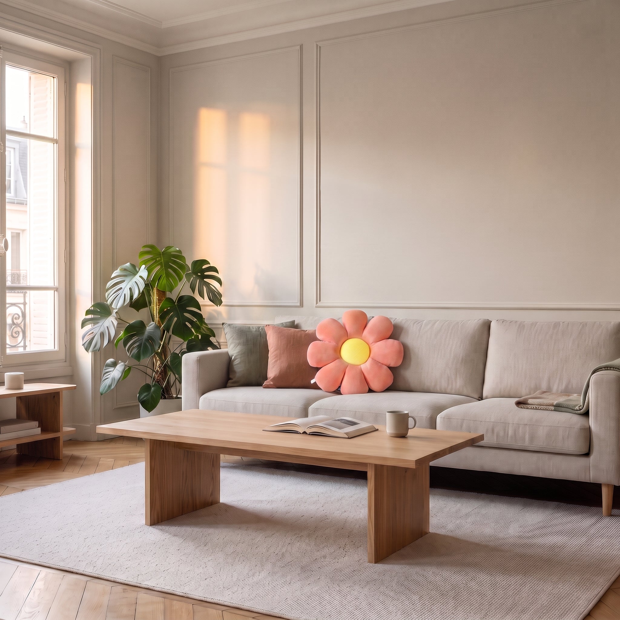Coussin fleur rose a huit petales pose sur un canape clair dans un salon haussmannien Image