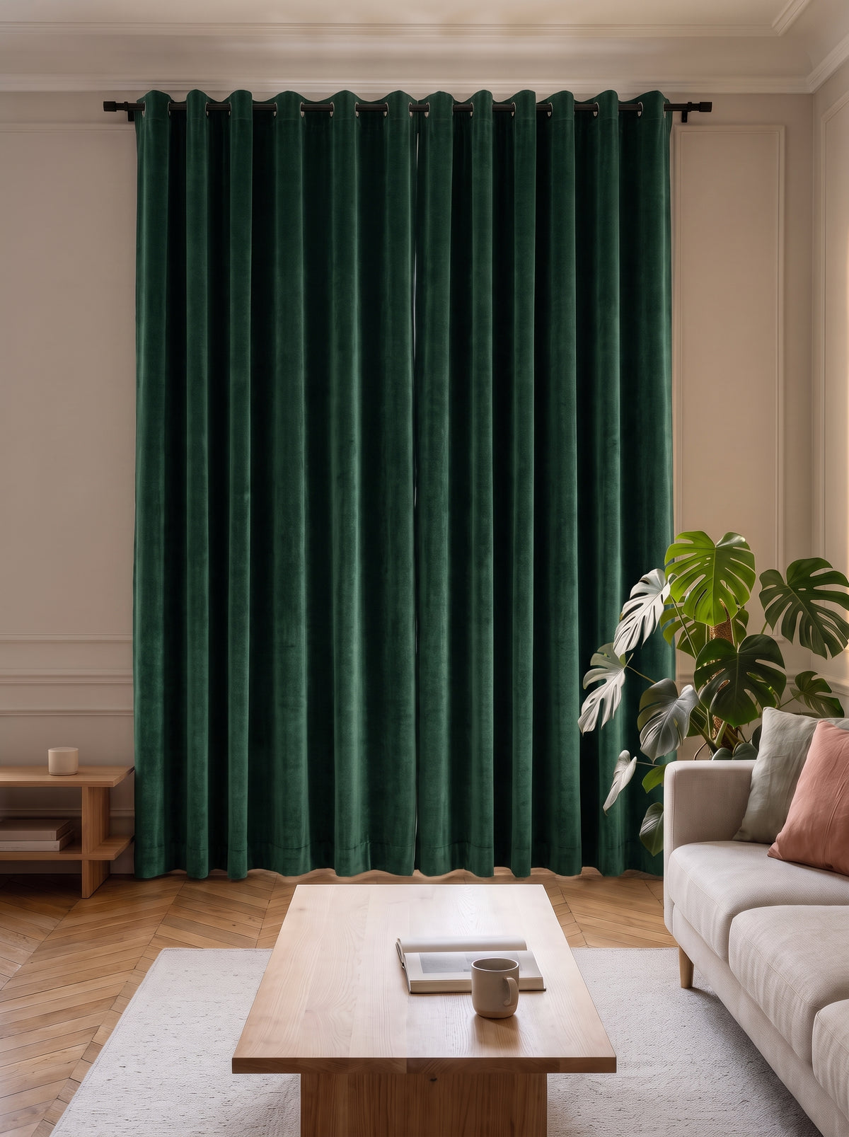 Rideau occultant velours vert sapin ferme dans un salon