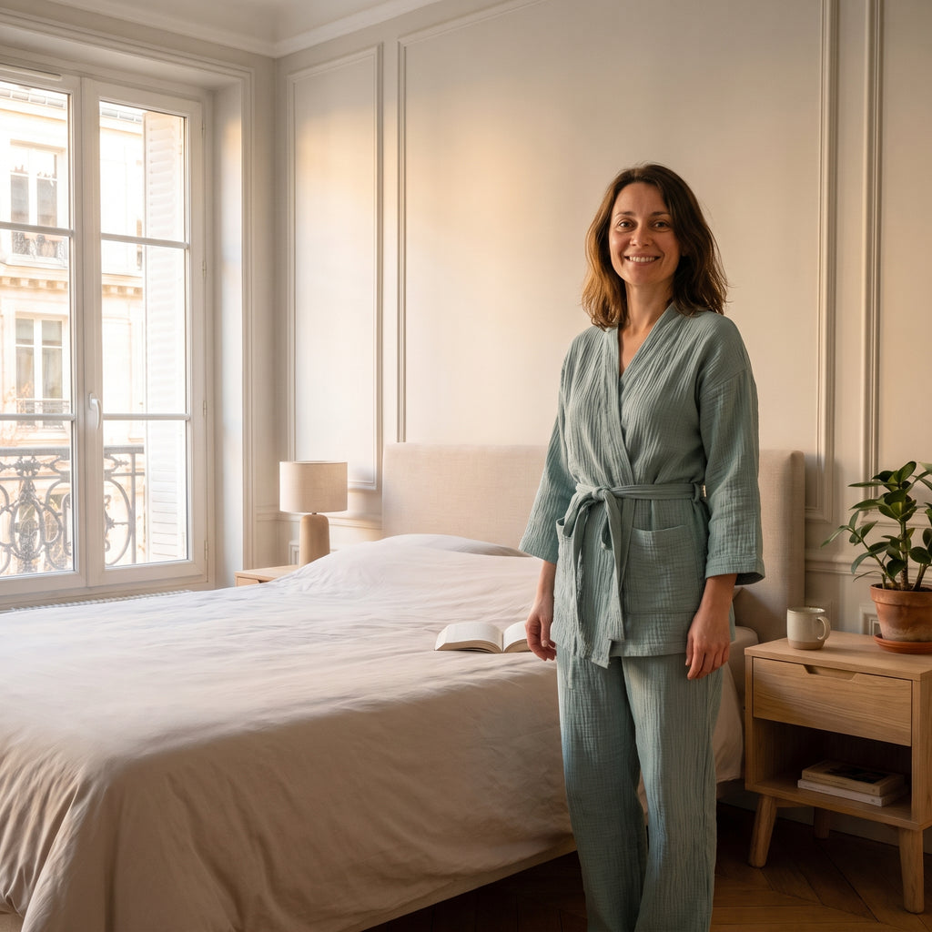 Pyjama kimono gaze de coton porté femme - vert