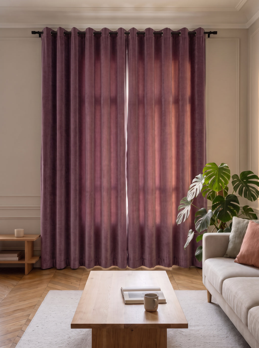 Rideau occultant velours violet prune ferme dans un salon