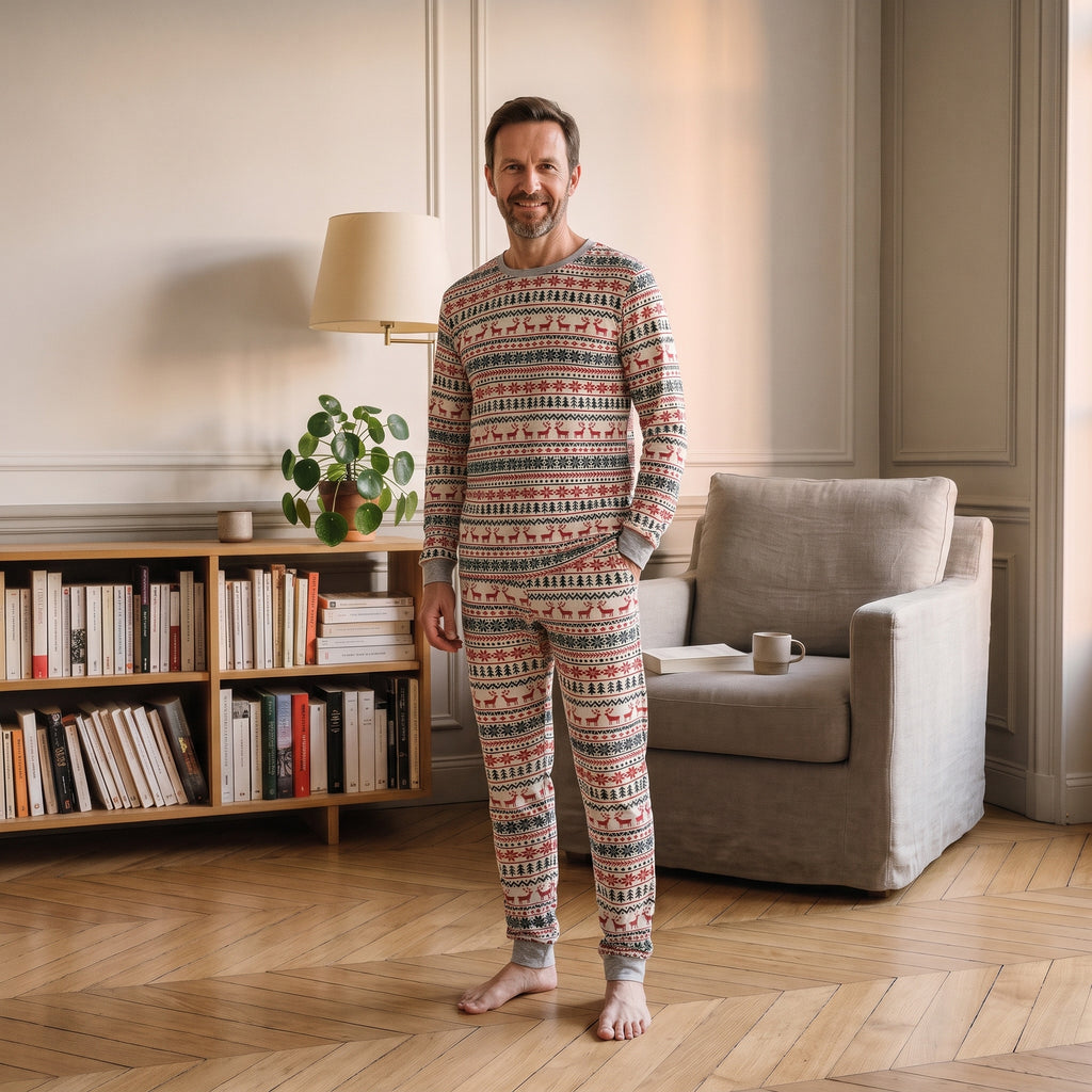 Pyjama de Noël blanc à motif nordique porté par un homme, modèle homme