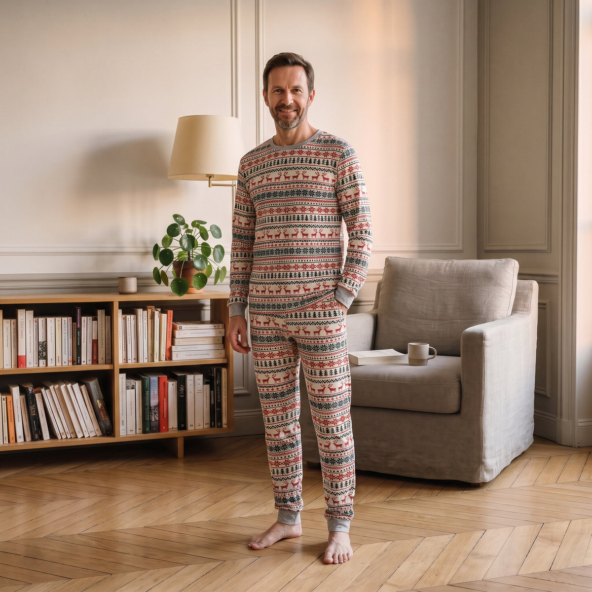 Pyjama de Noël blanc à motif nordique porté par un homme, modèle homme