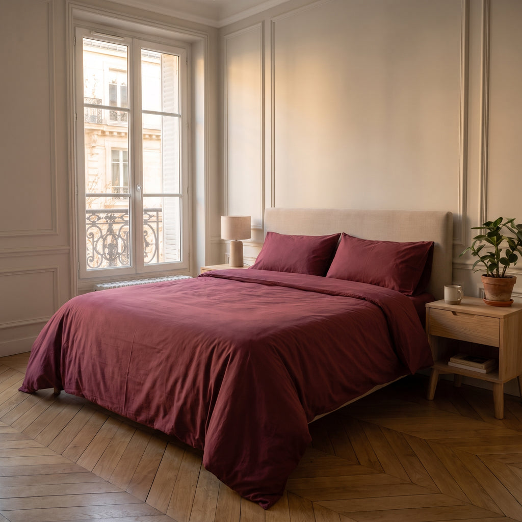 Housse de couette unie rouge bordeaux sur un lit dans une chambre lumineuse