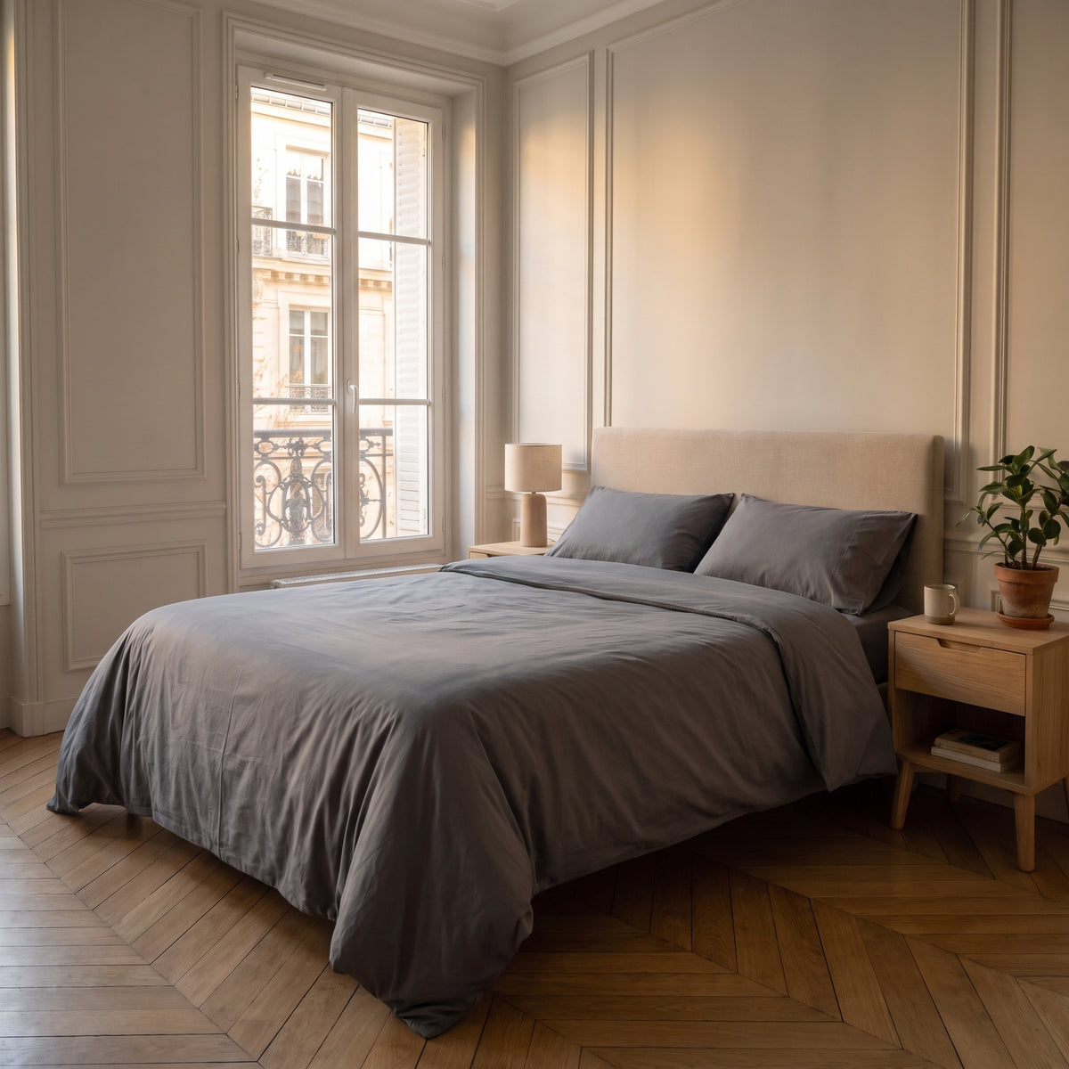 Housse de couette unie gris foncé sur un lit dans une chambre lumineuse