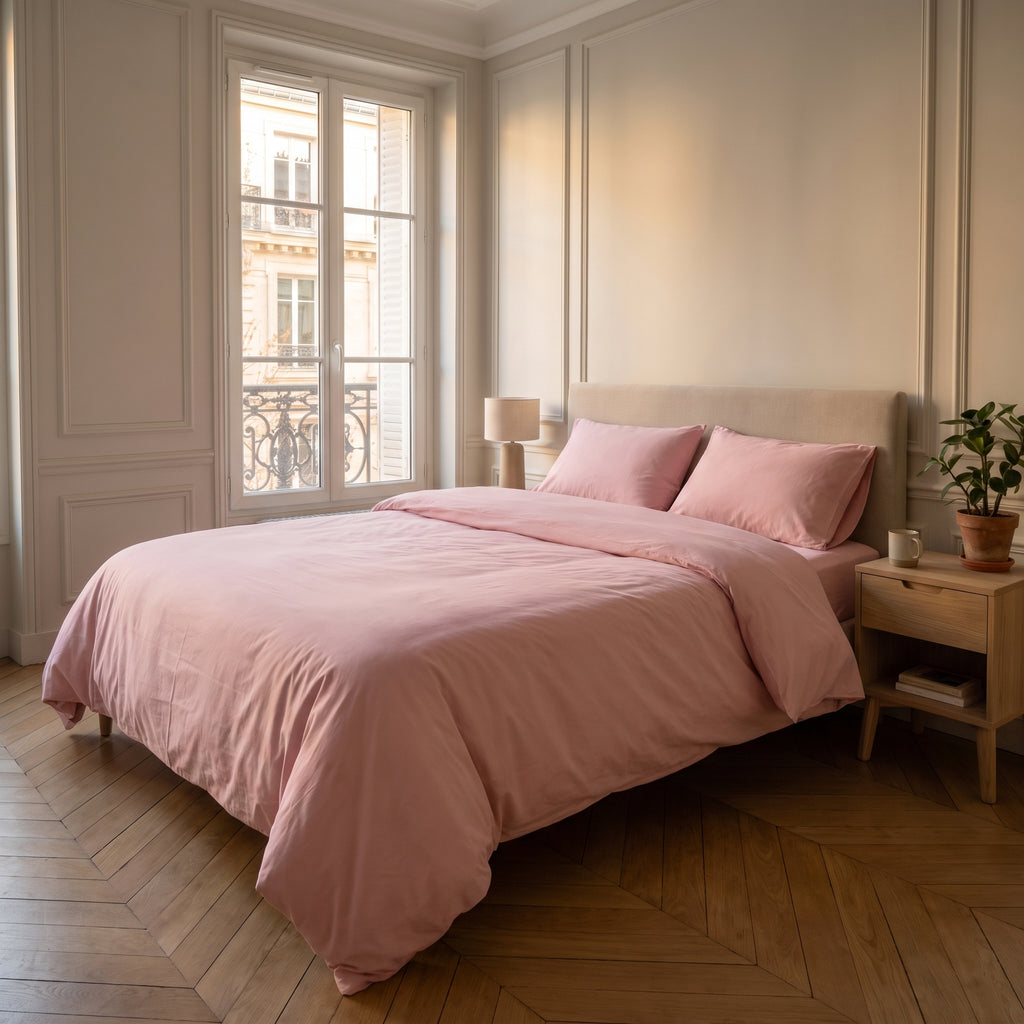 Housse de couette unie rose poudré sur un lit dans une chambre lumineuse