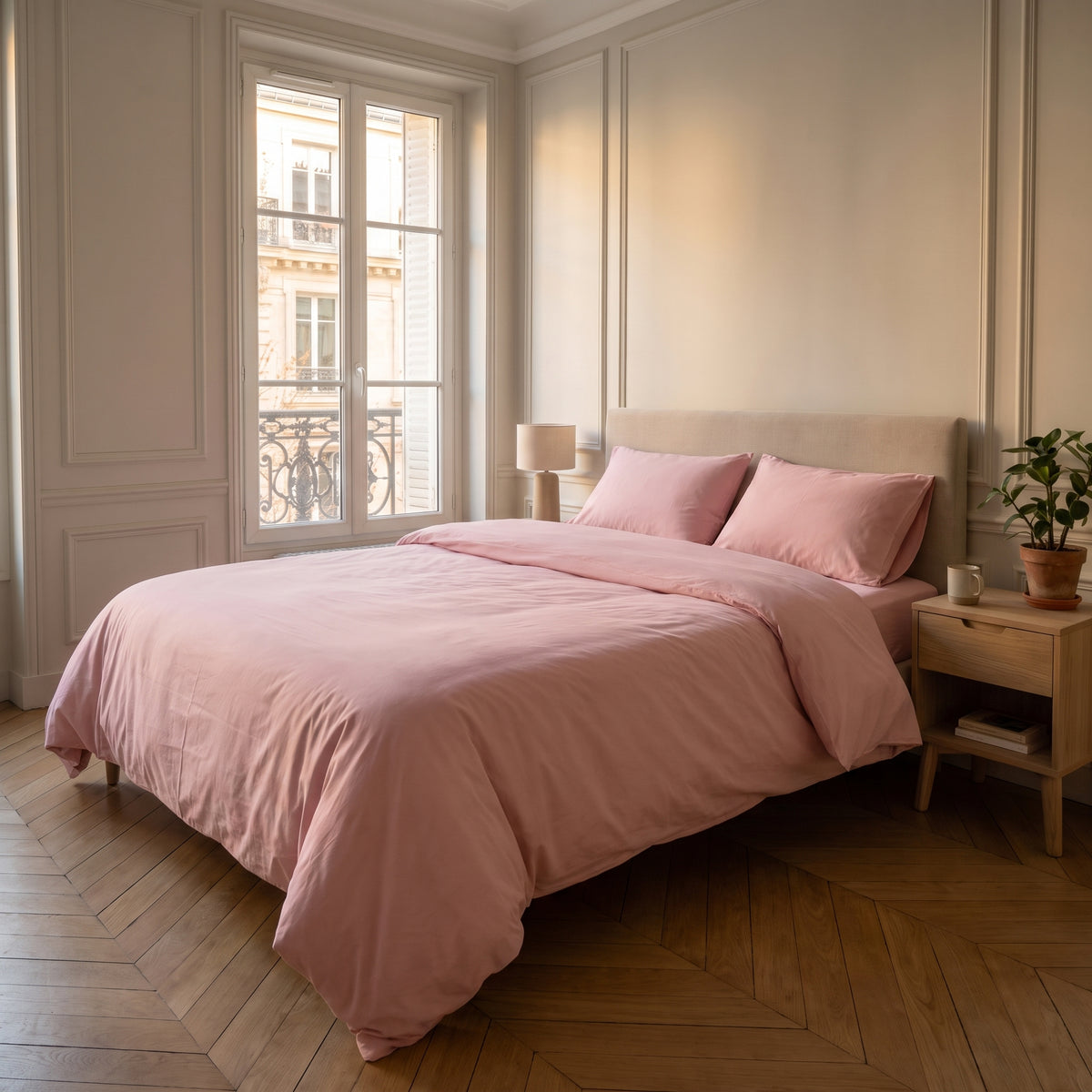 Housse de couette unie rose poudré sur un lit dans une chambre lumineuse