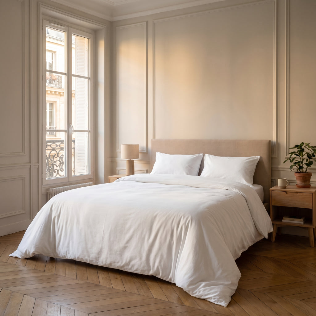 Housse de couette unie blanc sur un lit dans une chambre lumineuse