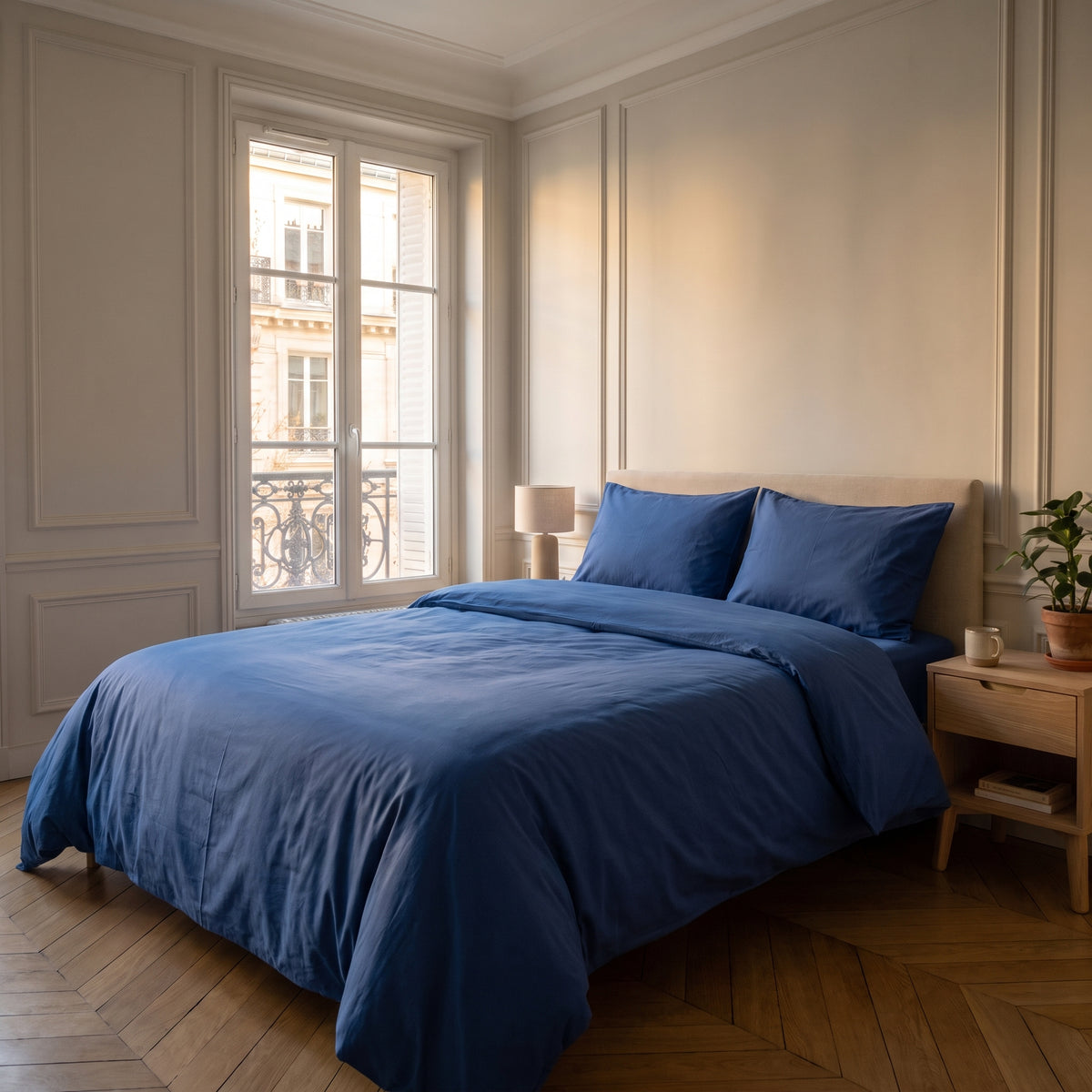 Housse de couette unie bleu marine sur un lit dans une chambre lumineuse