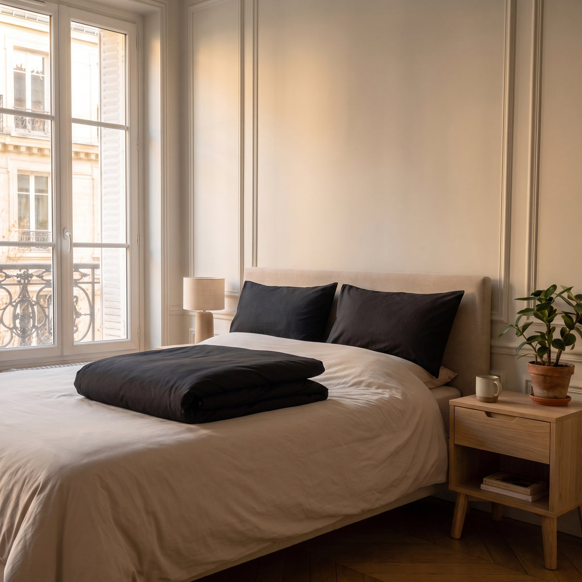 Mise en scène d’une housse noire pliée avec une paire de taies assorties Image