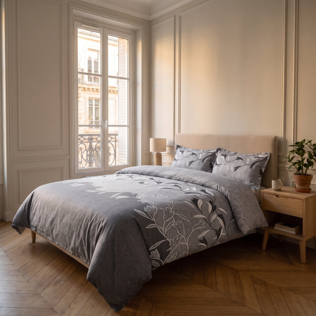Housse de couette grise à motif floral sur un lit dans une chambre lumineuse