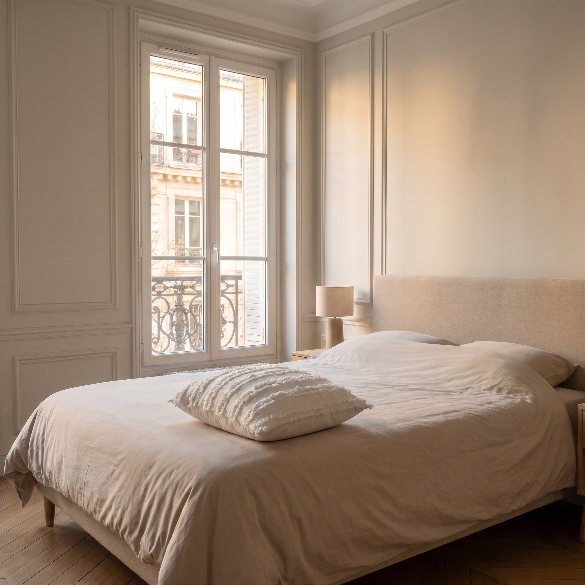 Housse de coussin bohème blanche posée au bout d'un lit dans une chambre claire Image