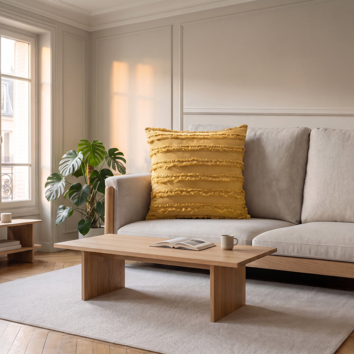Housse de coussin bohème jaune à franges horizontales sur un canapé clair
