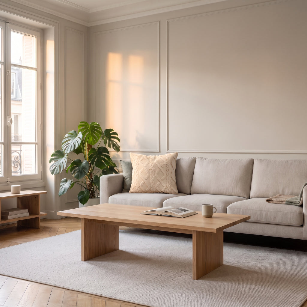 Housse de coussin beige à motif torsadé posée sur un canapé dans un salon