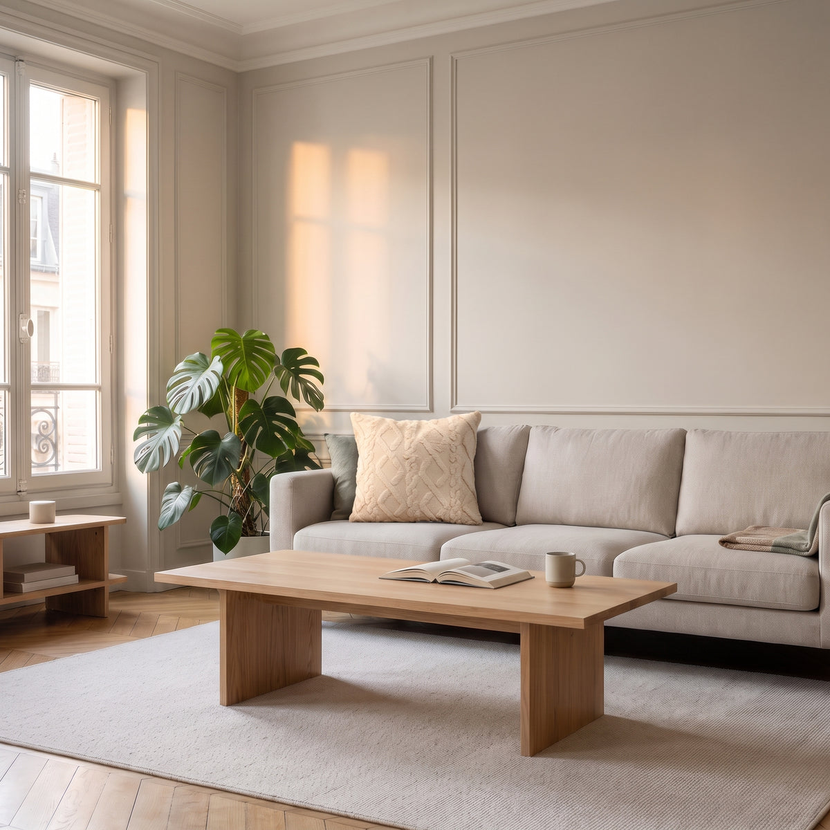 Housse de coussin beige à motif torsadé posée sur un canapé dans un salon