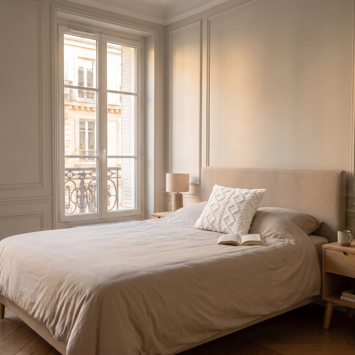 Housse de coussin blanche à motif torsadé posée sur un lit dans une chambre