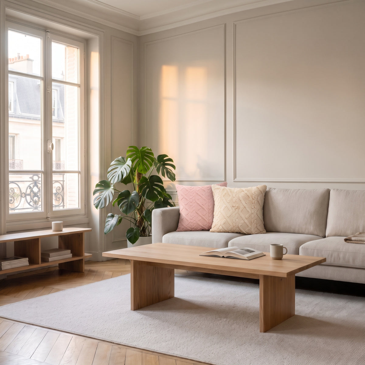 Composition de housses de coussin rose et beige à motif torsadé dans un salon Image