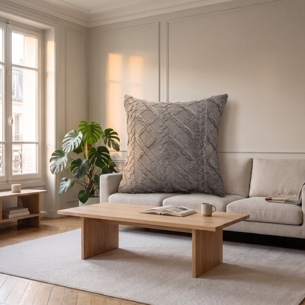 Housse de coussin grise à motif torsadé posée sur un canapé dans un salon