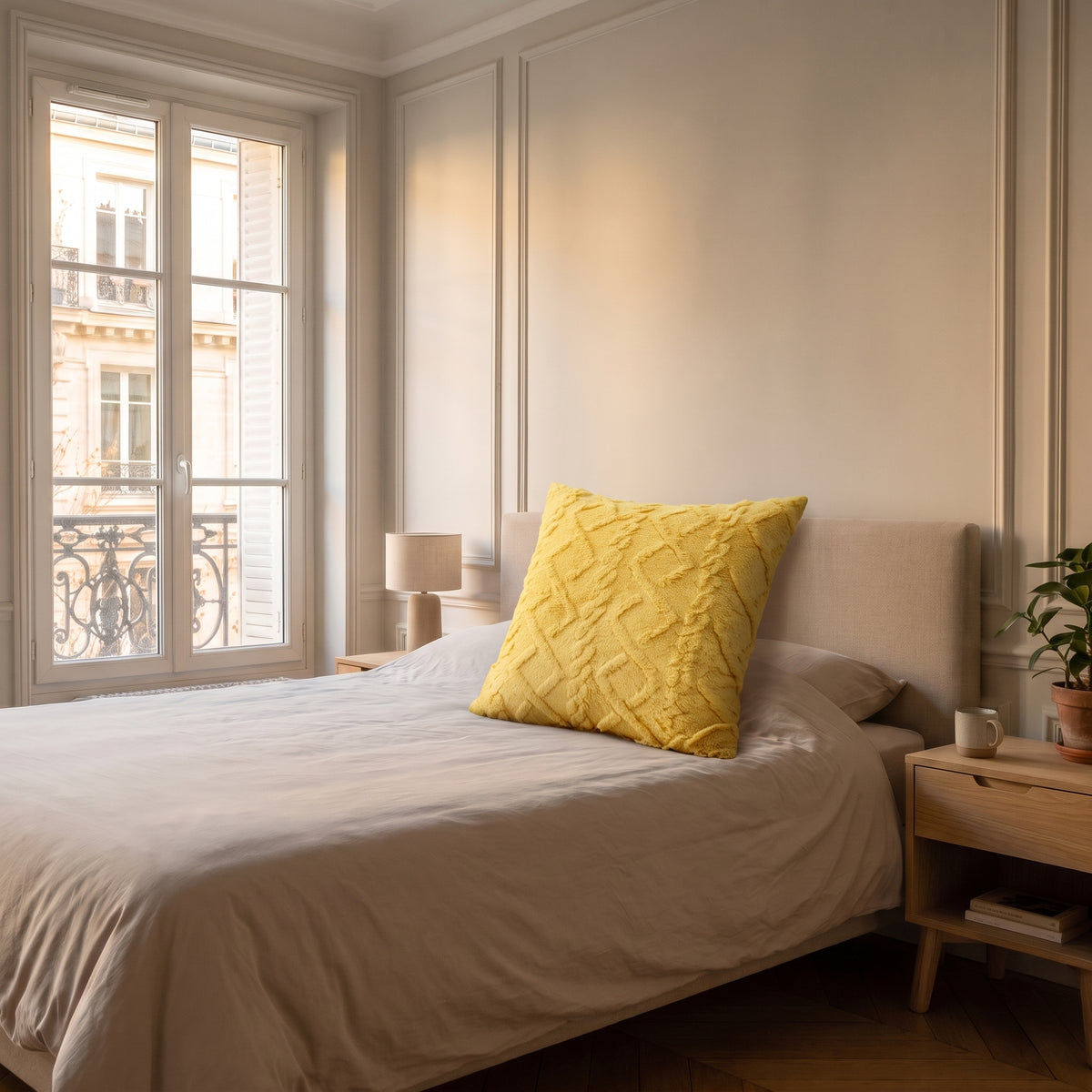 Housse de coussin jaune à motif torsadé posée sur un lit dans une chambre