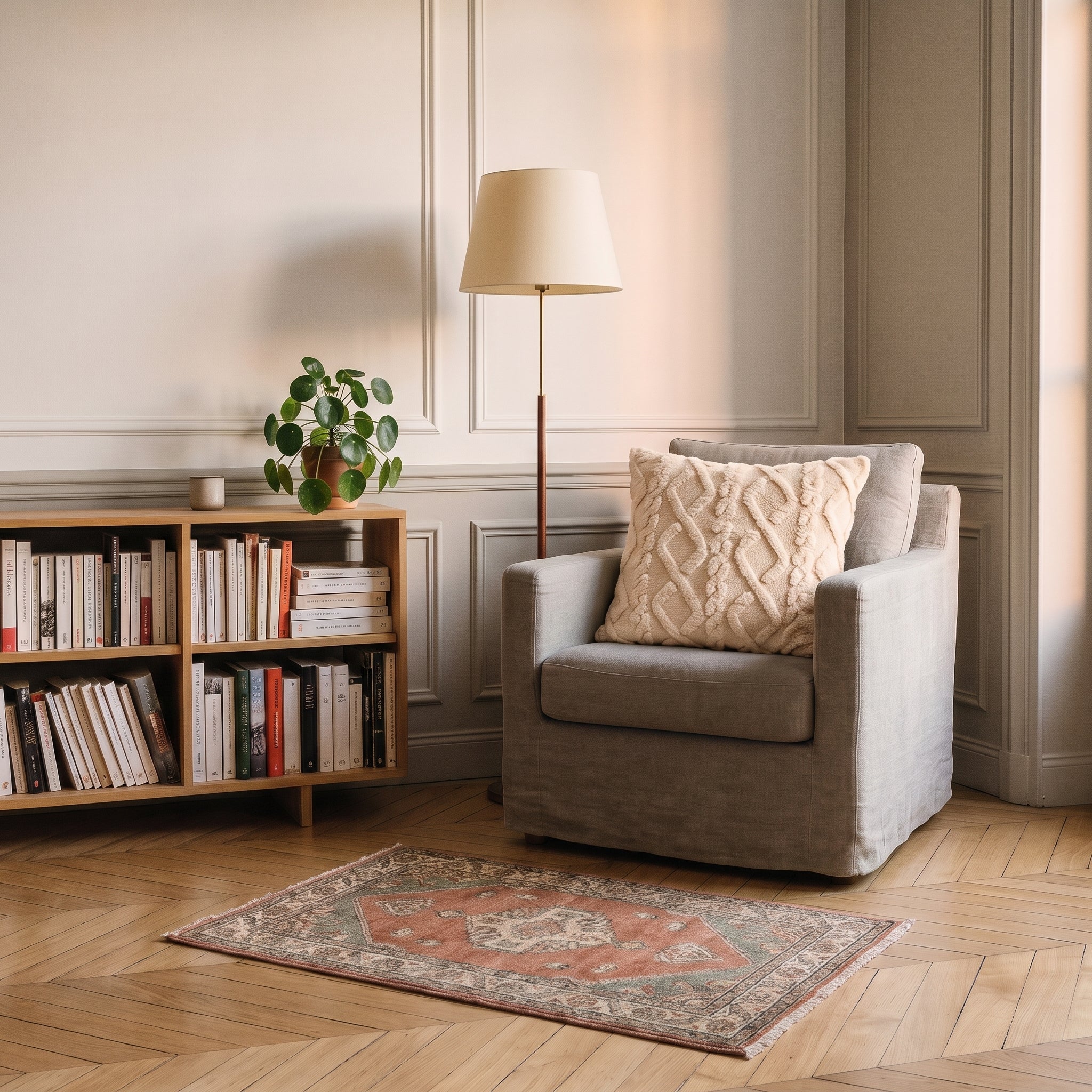 Housse de coussin beige à motif torsadé dans un fauteuil de lecture Image
