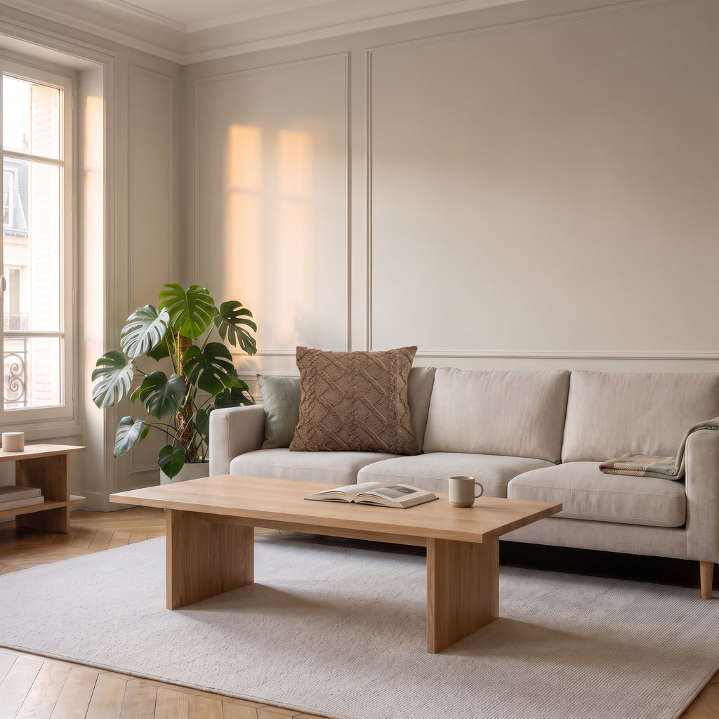 Housse de coussin marron à motif torsadé posée sur un canapé dans un salon